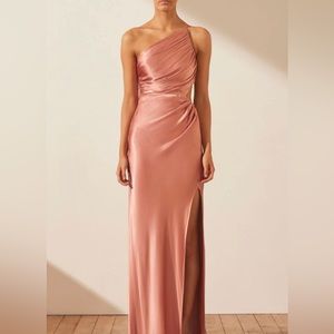 Shona Joy La Lune Asymmetrical Gathered Maxi Dress in Antique Rose
